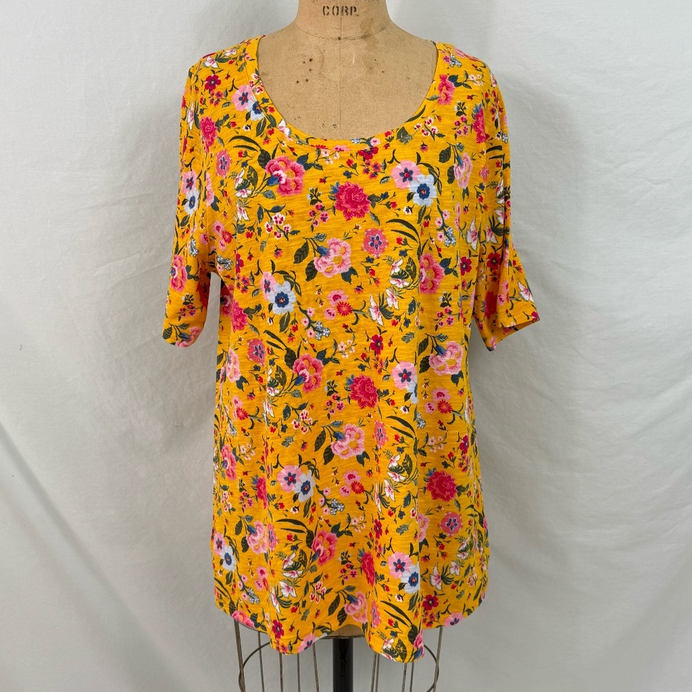 Lane Bryant Perfect Sleeve Tee Scoop Neck Yellow Floral Sz 14/16 100% Cotton NWT